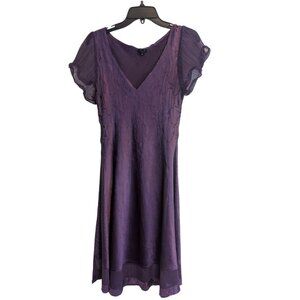 KOMAROV Purple Crinkle Charmeuse Chiffon Sheer Sleeve V-Neck Dress L
